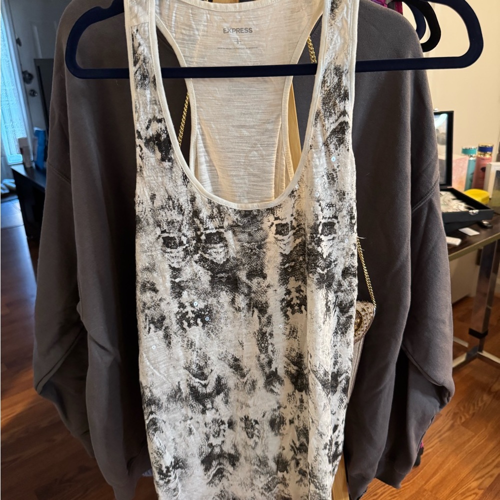 Express Women's Black and White sequined Tank Top
